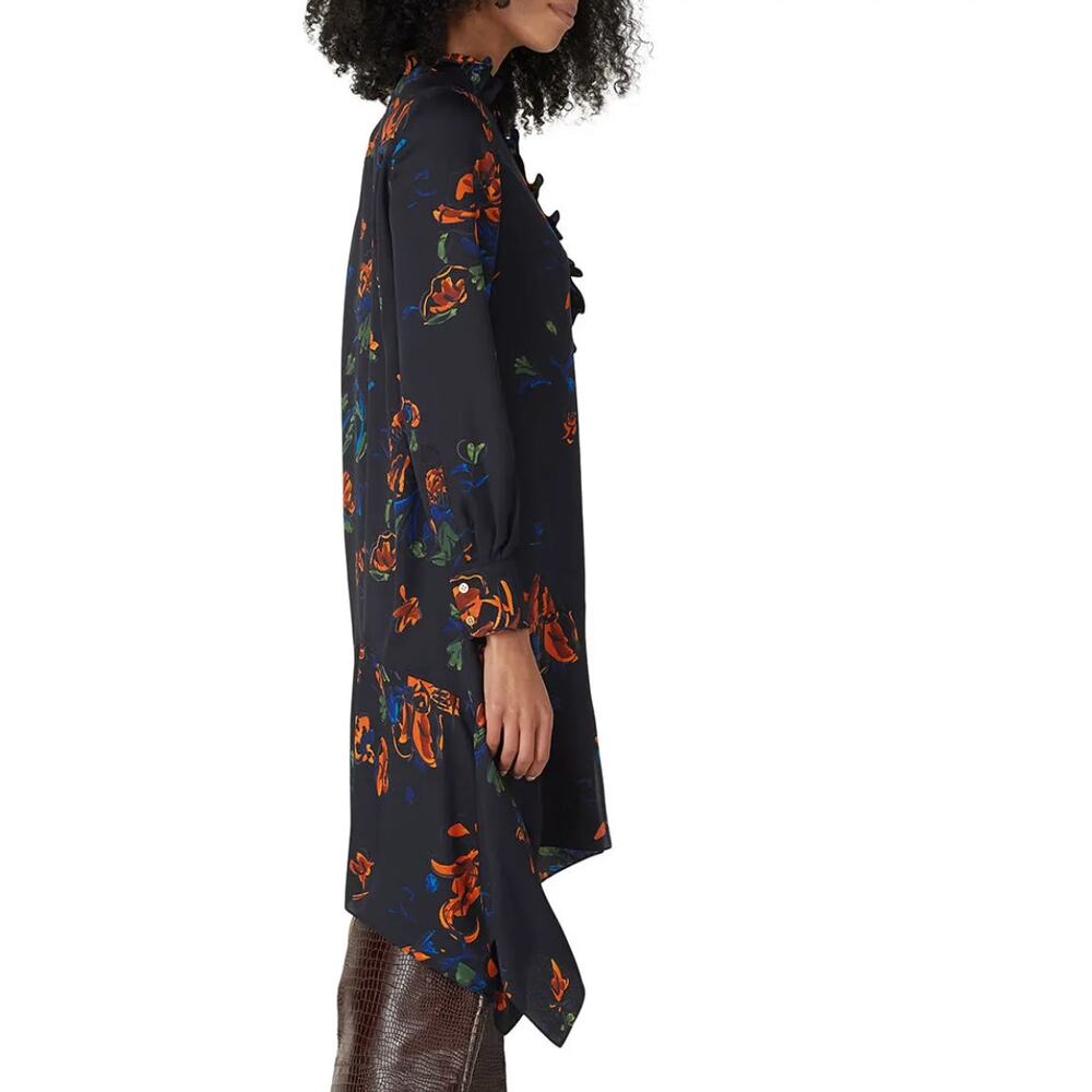 Tory Burch Black Floral Asymmetric Shirt Dress Size 0 Mini Career Designer $498 - Picture 2 of 11